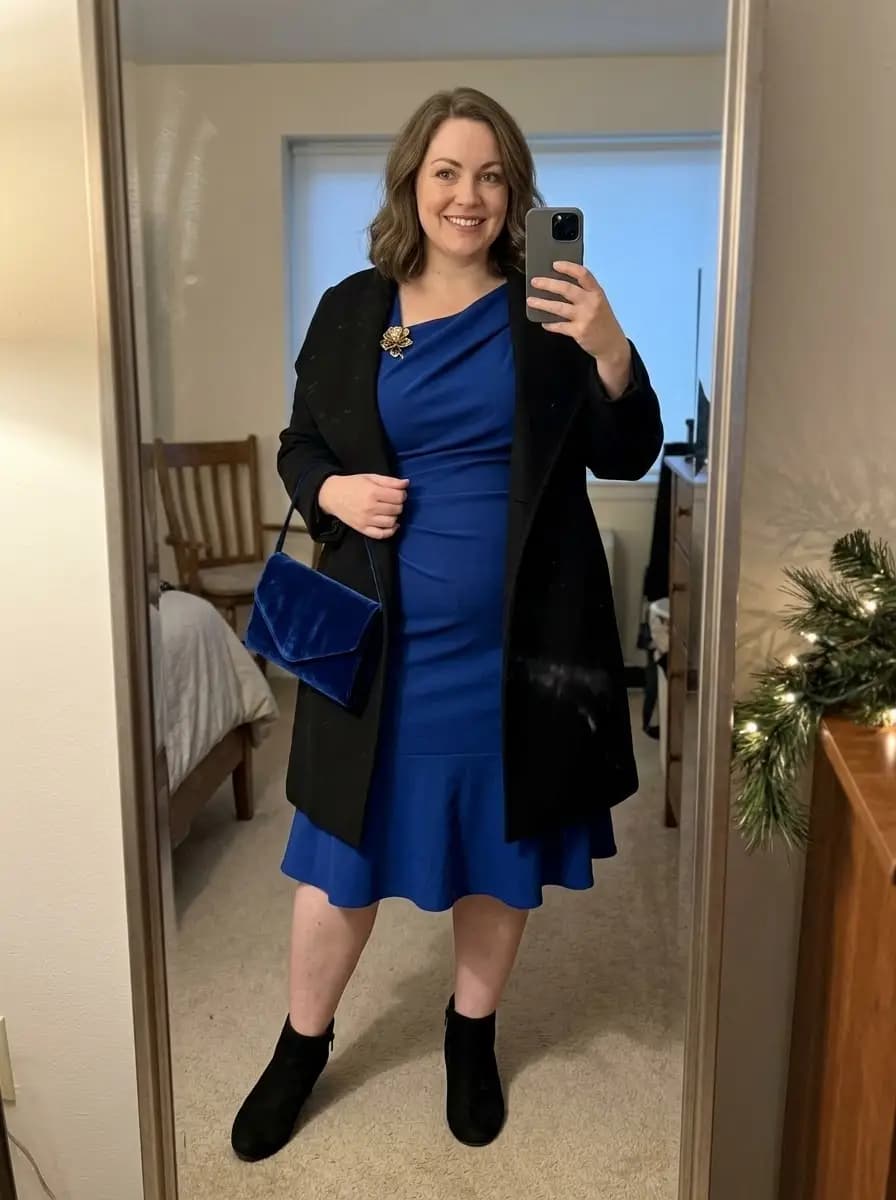 Black Coat with Royal Blue Cold-Shoulder Dress