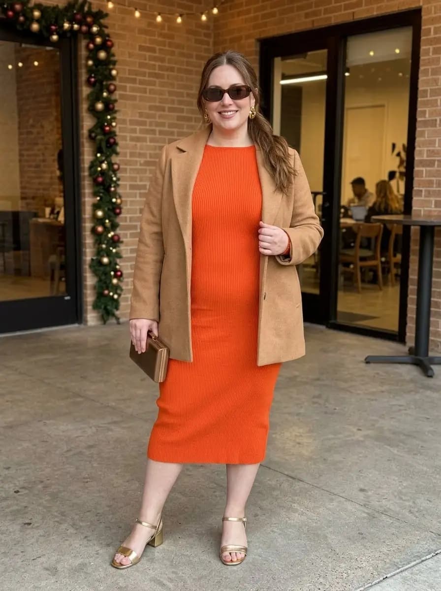 Tan Wool Blazer with Orange Ribbed Knit Dress