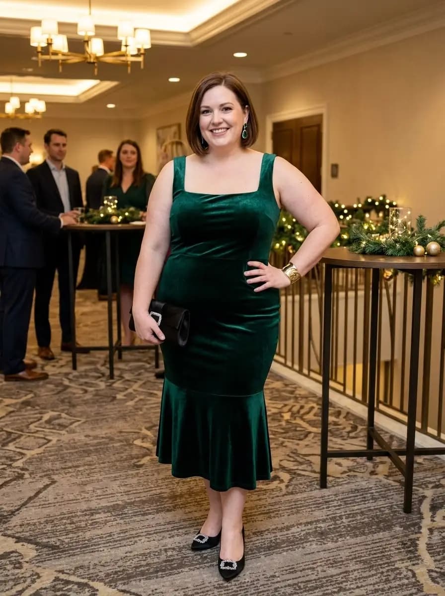 Green Velvet Fit-and-Flare Dress