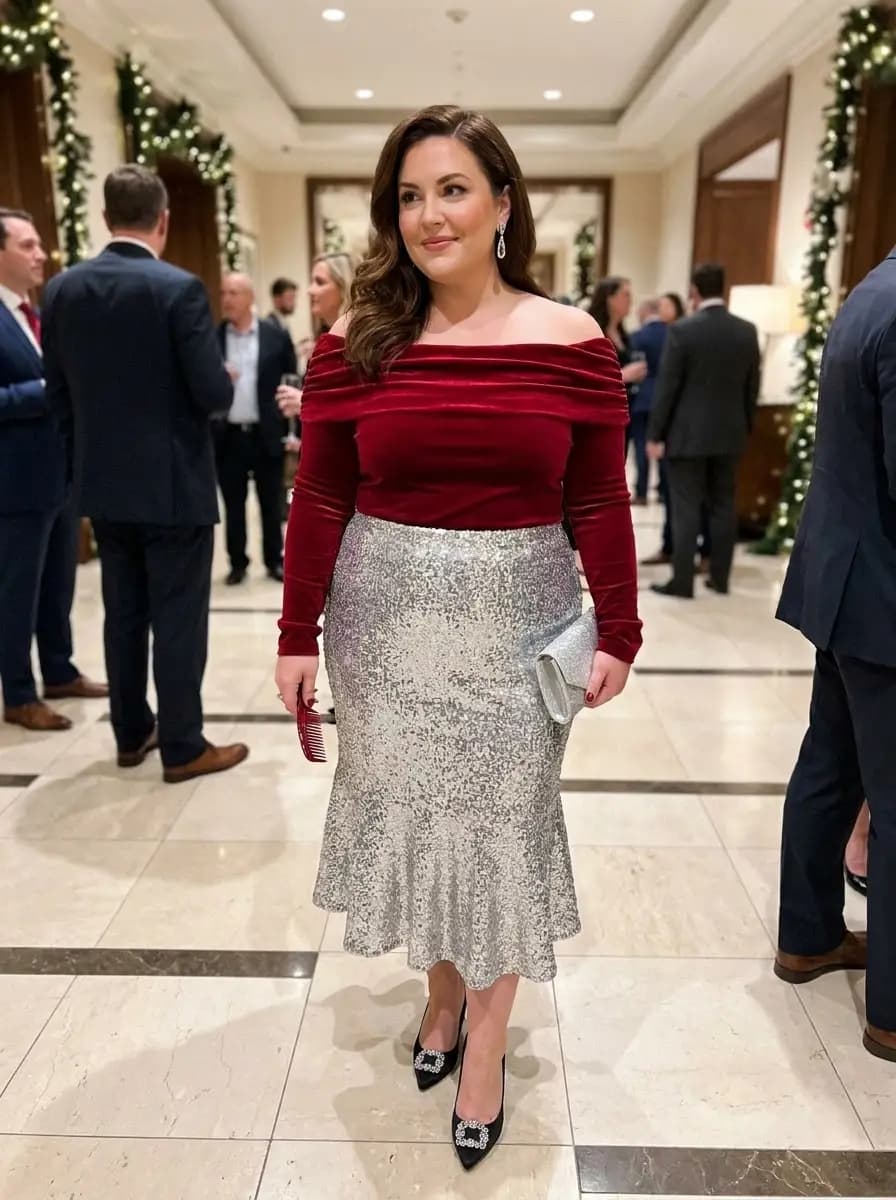 Red Velvet Off-Shoulder Top with Silver Sequin Mermaid Skirt