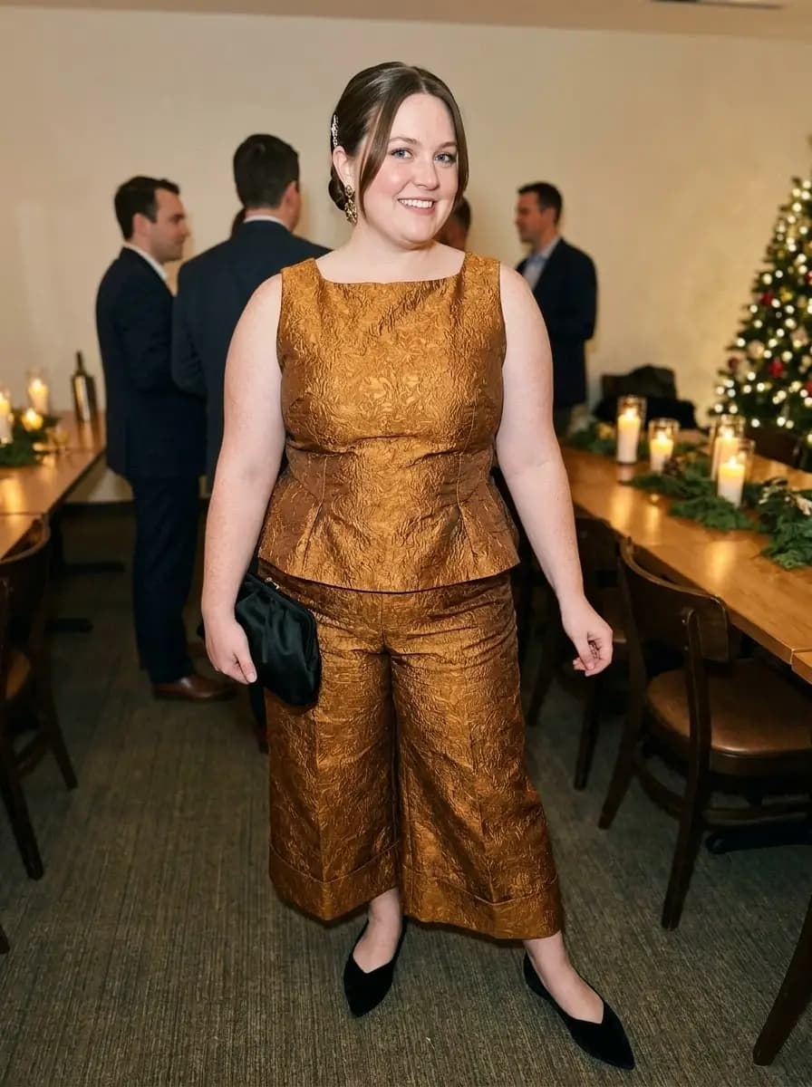 Gold Jacquard Peplum Top with Gold Jacquard Cropped Pants