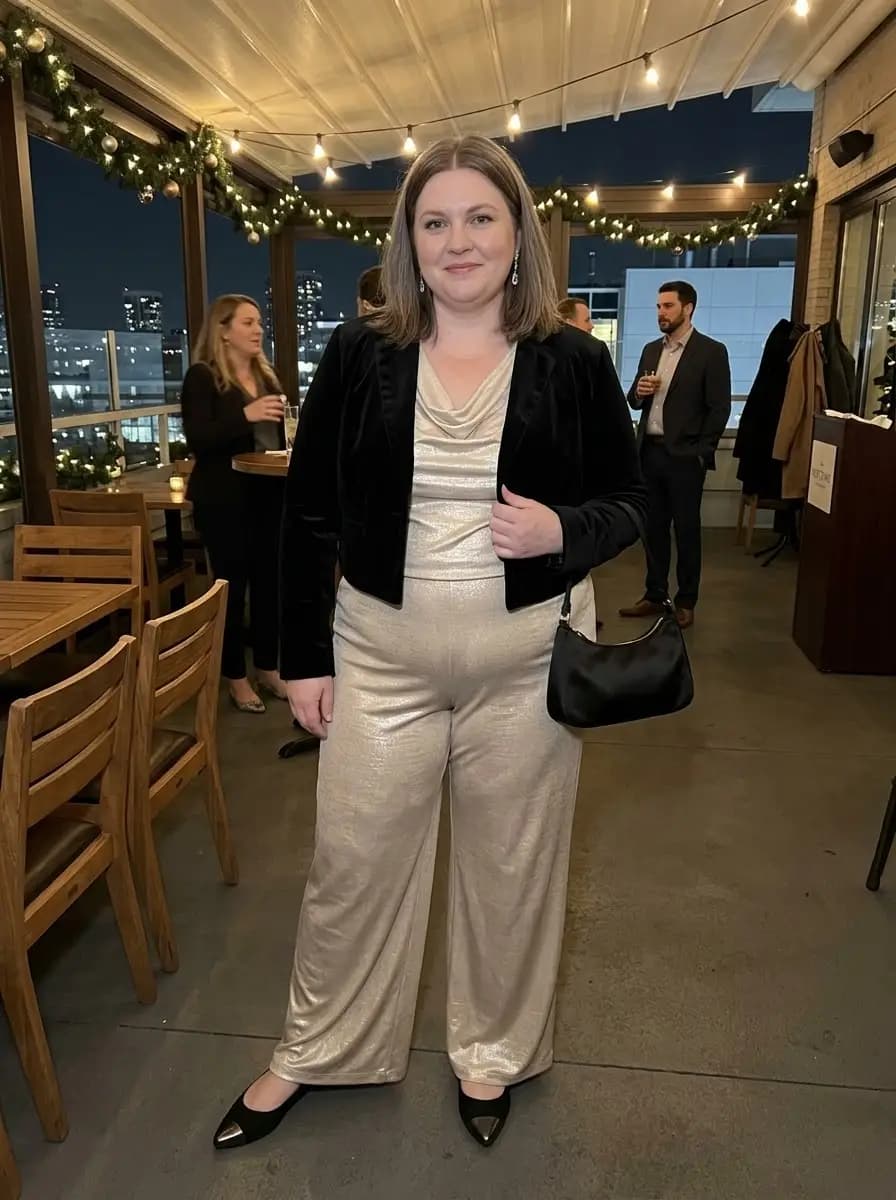 Black Velvet Cropped Blazer with Gold Metallic Jumpsuit