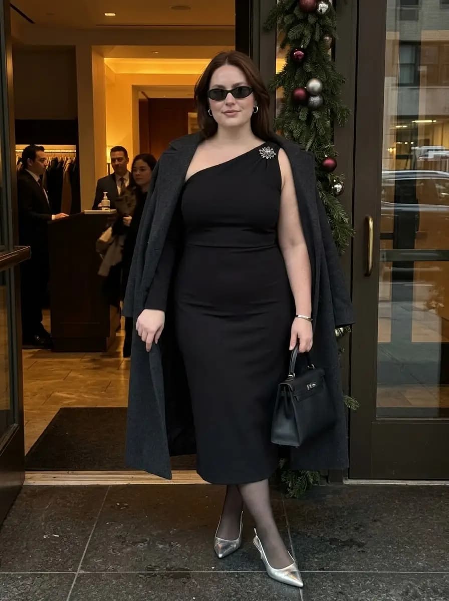 Black One-Shoulder Dress with Grey Coat