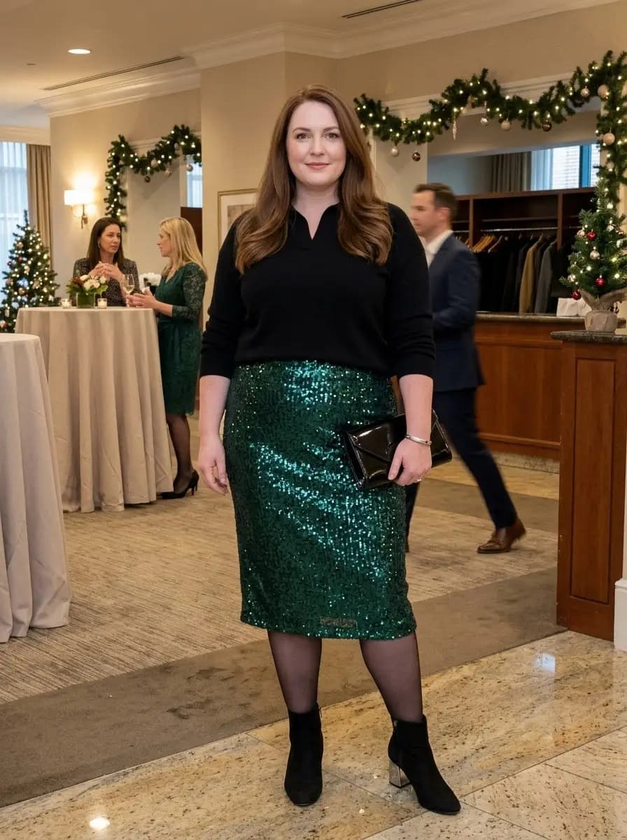 Black Long-Sleeve Top with Green Sequin Pencil Skirt