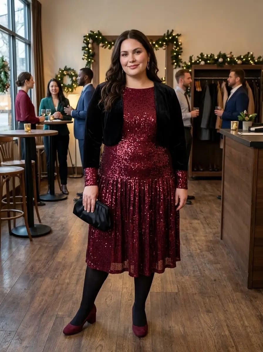 Black Velvet Bolero Jacket with Burgundy Sequin Dress