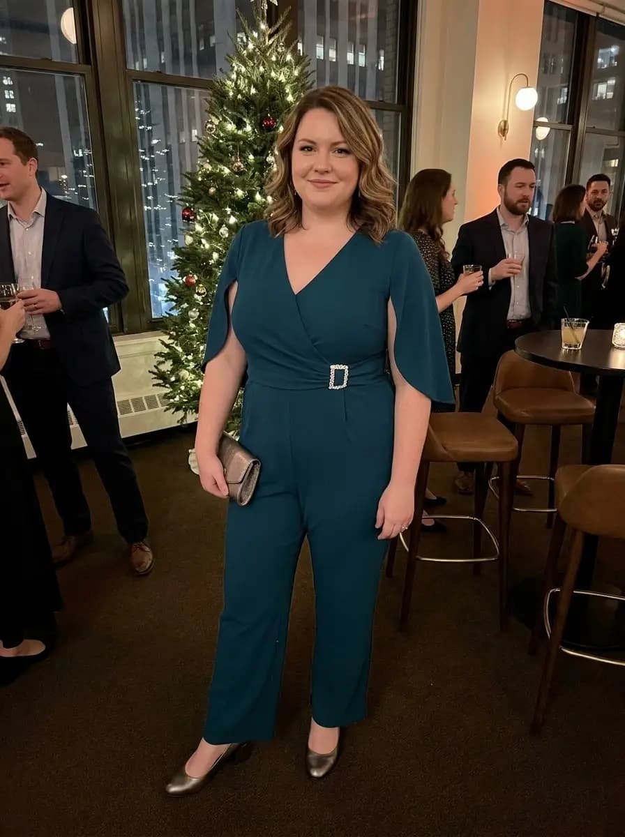 Teal Cape-Sleeve Jumpsuit