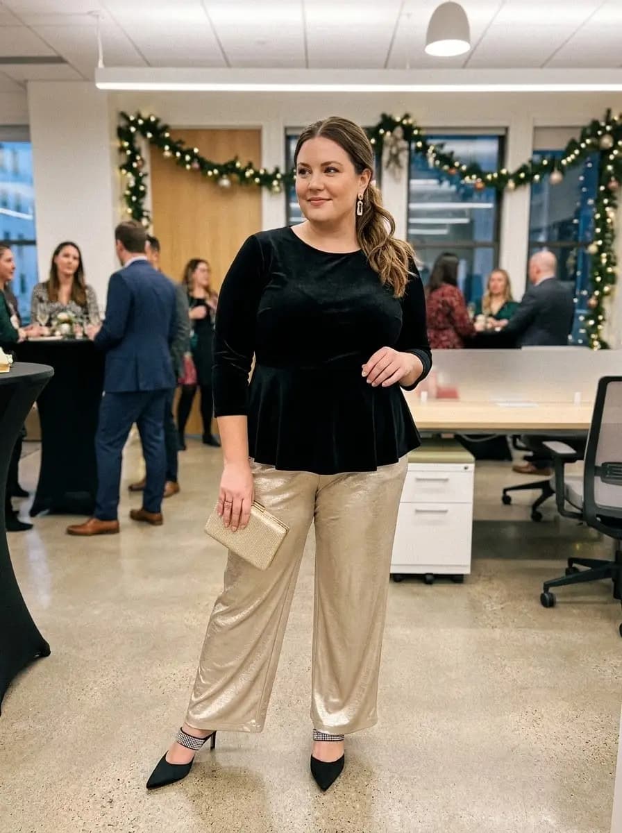 Black Velvet Peplum Top with Gold Wide-Leg Pants
