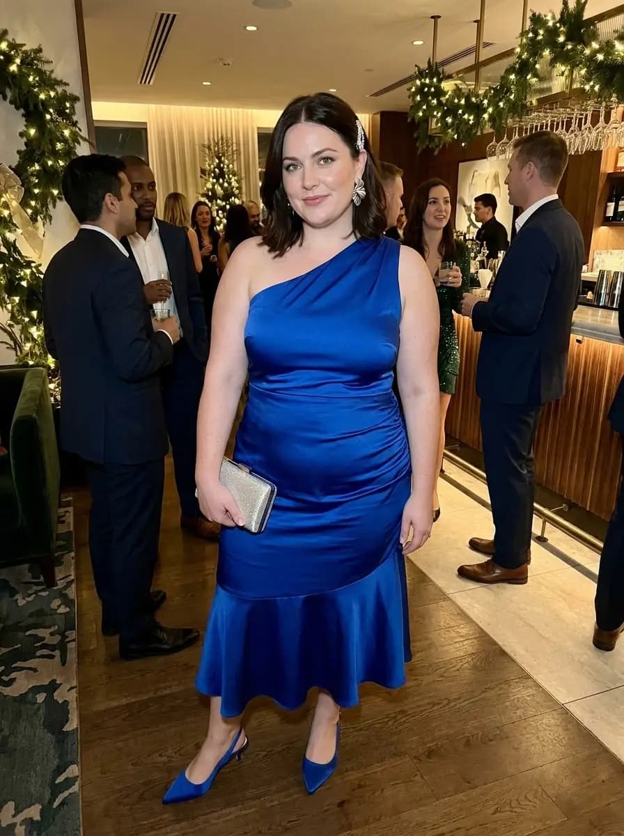 Blue One-Shoulder Ruched Midi Dress
