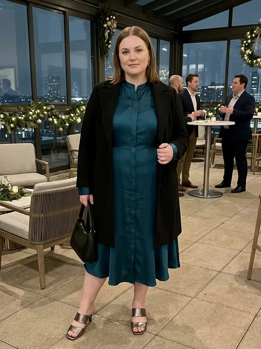 Teal Satin Midi Dress with Black Coat