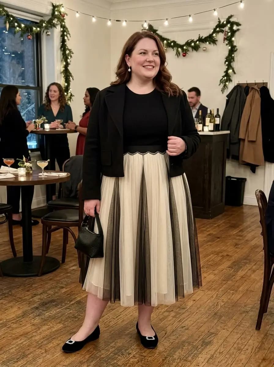 Black Top with Cream and Black Tulle Midi Skirt