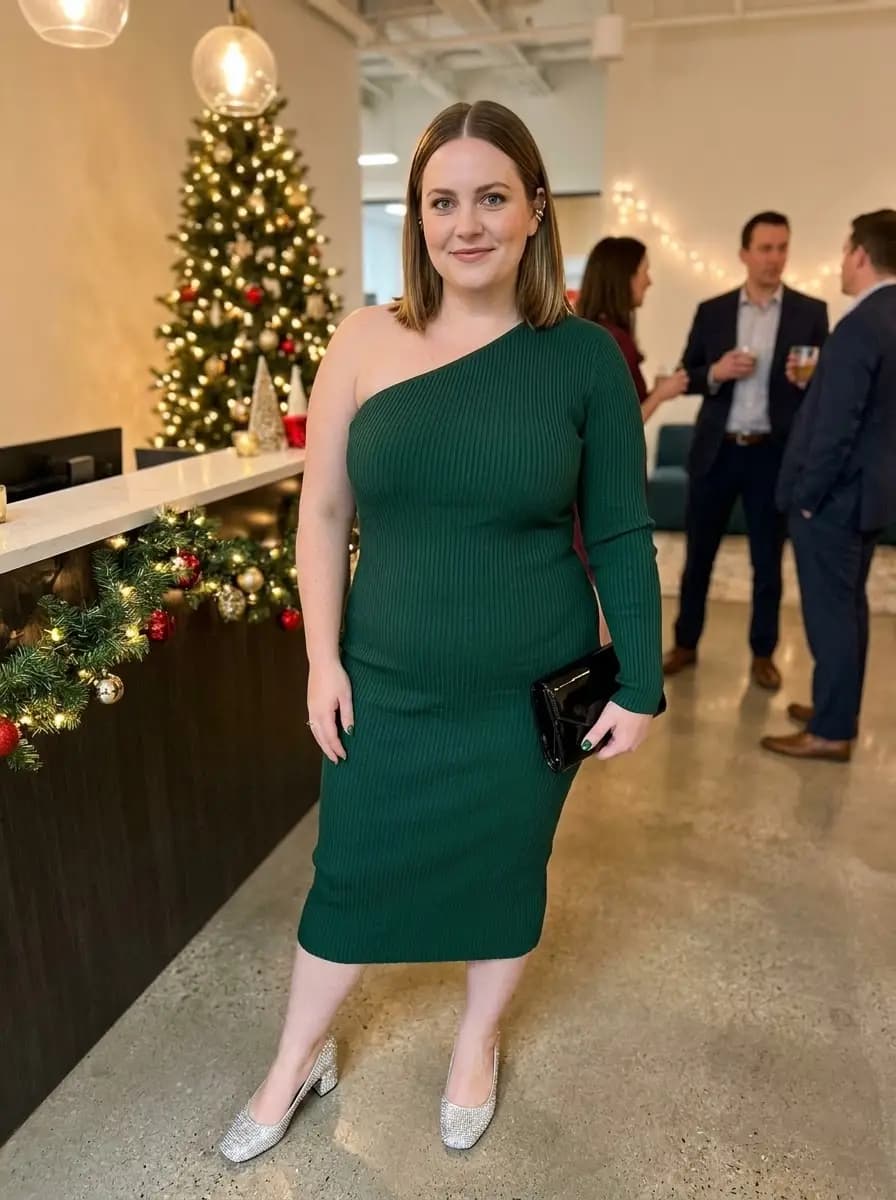 Green Ribbed Knit One-Shoulder Dress