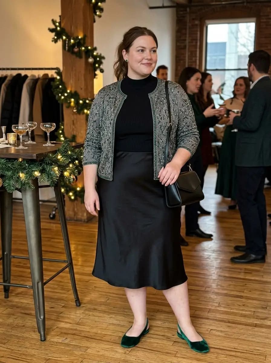 Silver Embellished Cardigan with Black Satin Midi Skirt