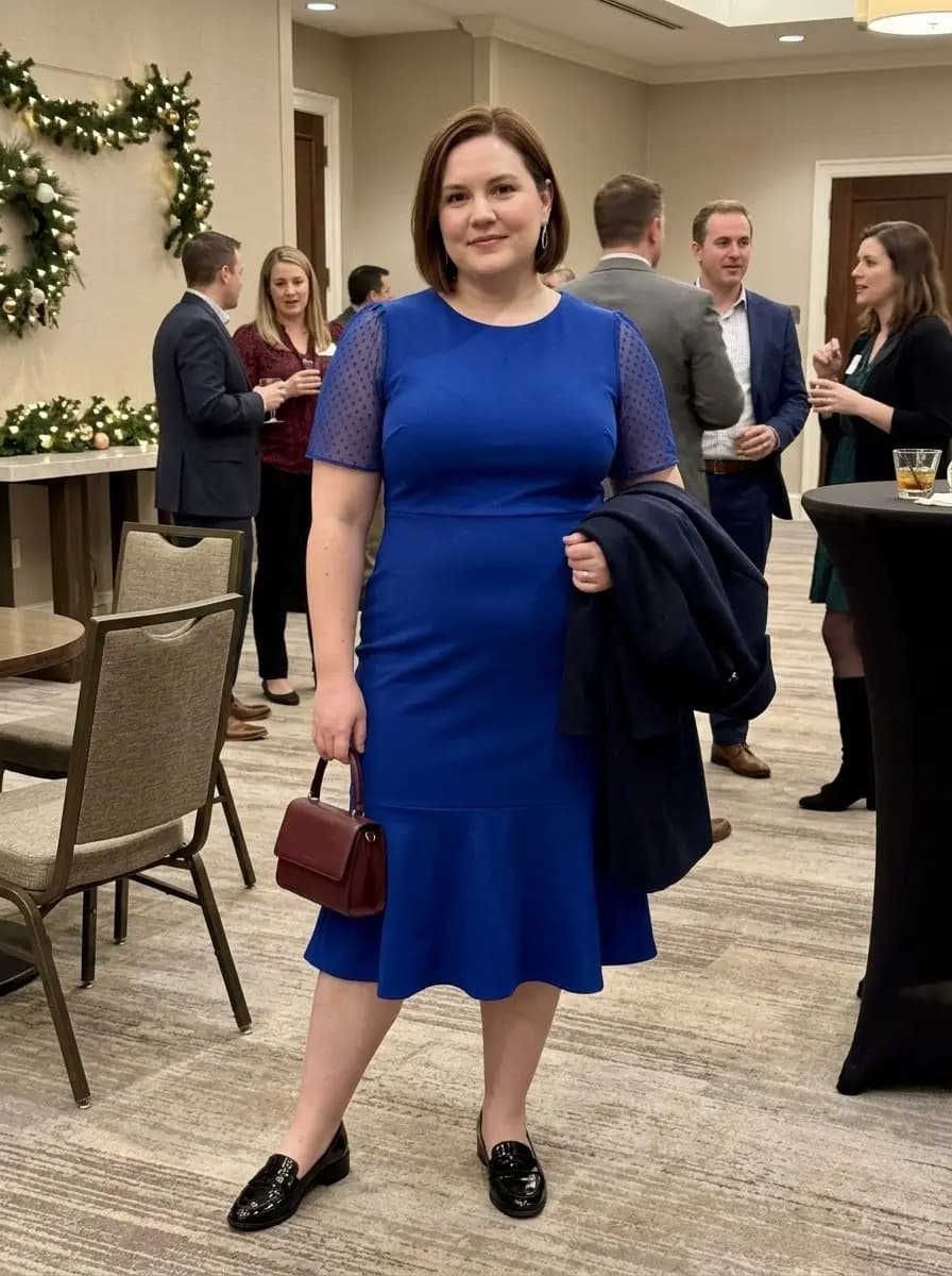Royal Blue Midi Dress with Sheer Dot Sleeves