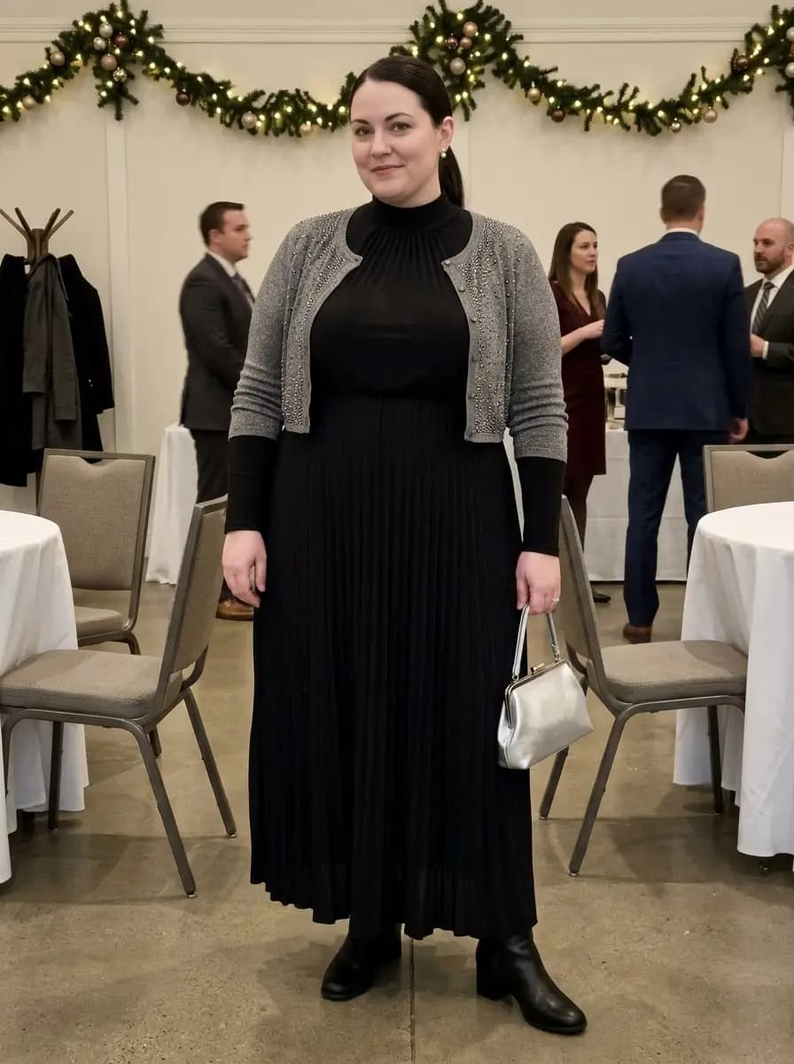 Grey Beaded Cardigan with Black Pleated Maxi Dress