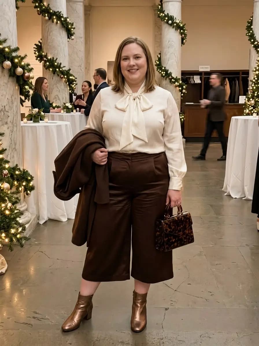 Cream Bow Blouse with Brown Leather Culottes