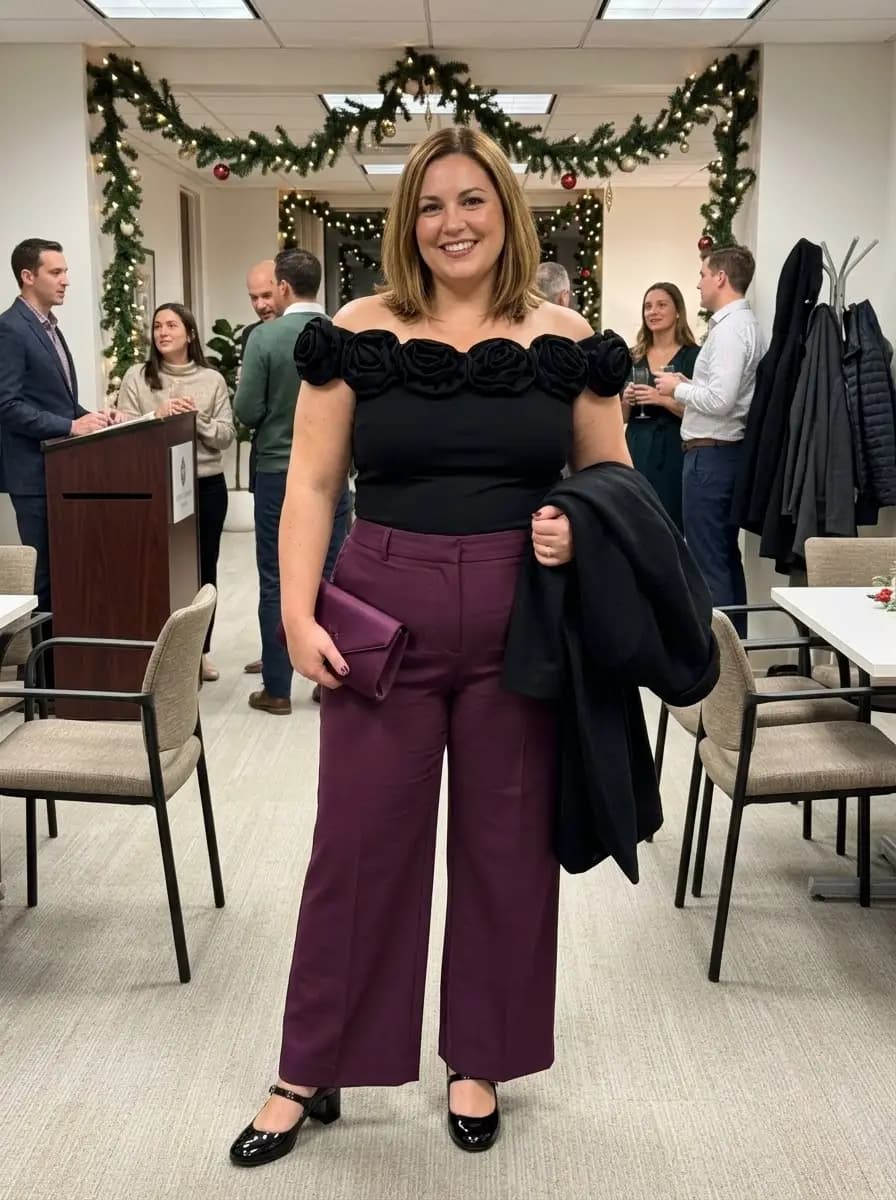 Black Rose Off-Shoulder Top with Plum Wide-Leg Pants
