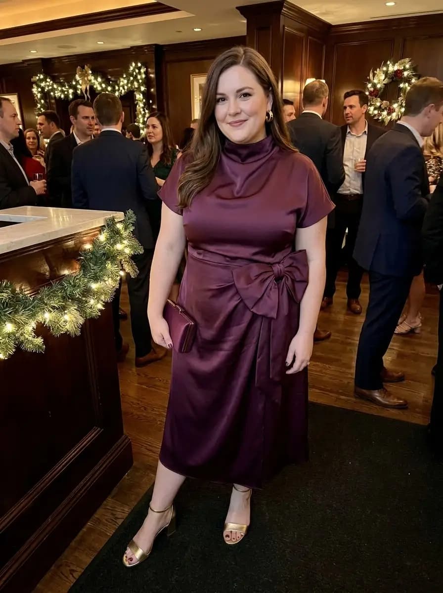 Burgundy Satin Cowl-Neck Dress