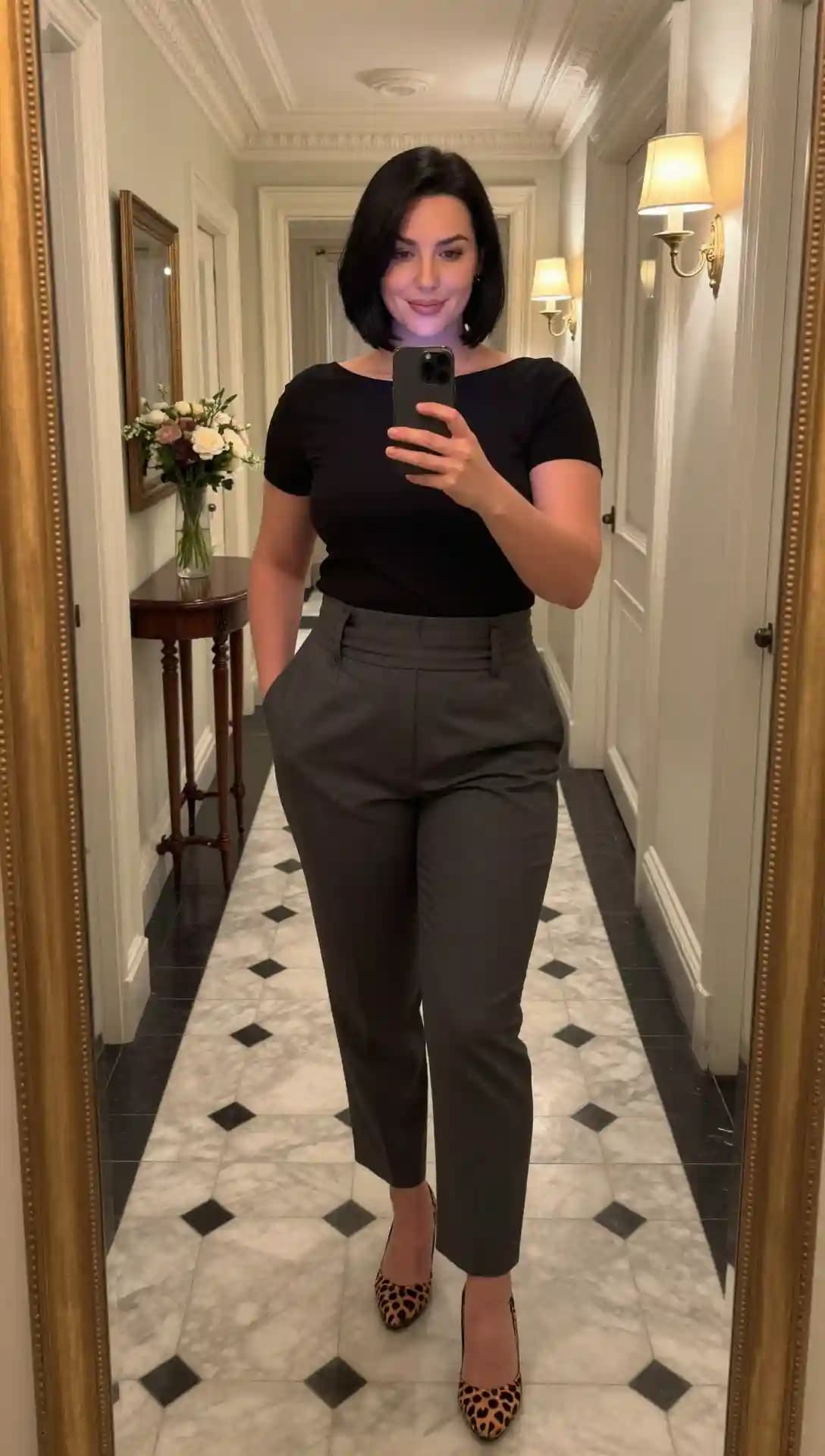 Black Knit Top + Grey Wool Trousers + Leopard Print Heels