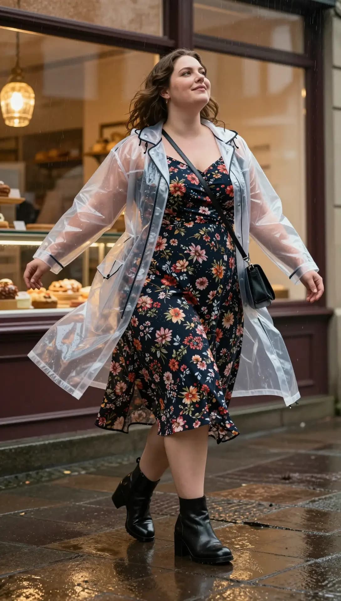 Navy Floral Print Midi Dress + Clear Vinyl Trench Coat + Black Leather Ankle Boots