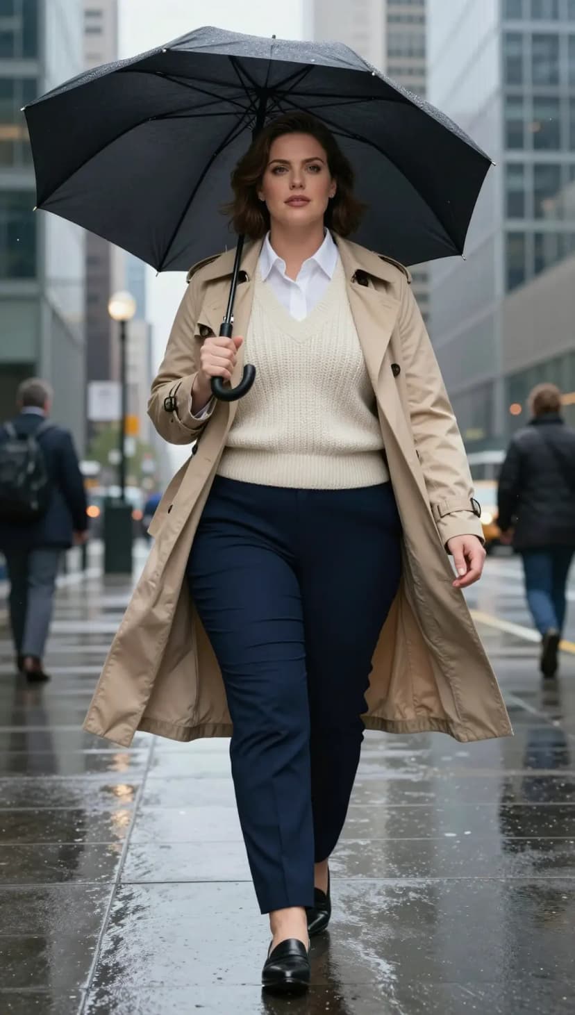 White Button-Up Shirt + Cream V-Neck Sweater + Beige Trench Coat + Navy Tailored Trousers
