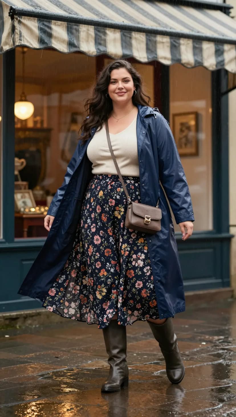 Beige Ribbed Knit Top + Navy Floral Print Midi Skirt + Navy Raincoat + Dark Brown Leather Boots