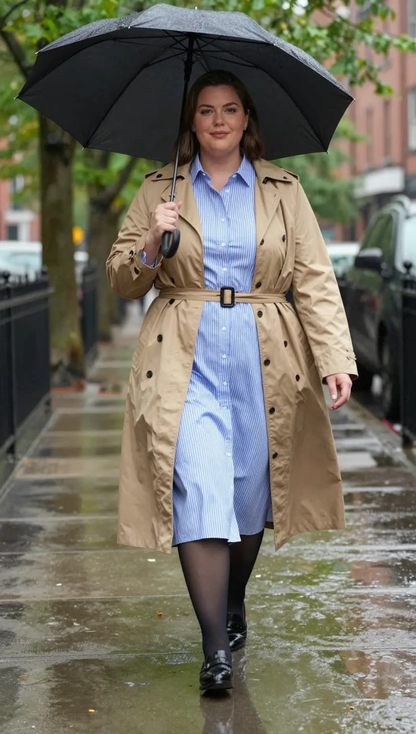 Tan Cotton Trench Coat + Blue Striped Cotton Shirt Dress + Black Tights