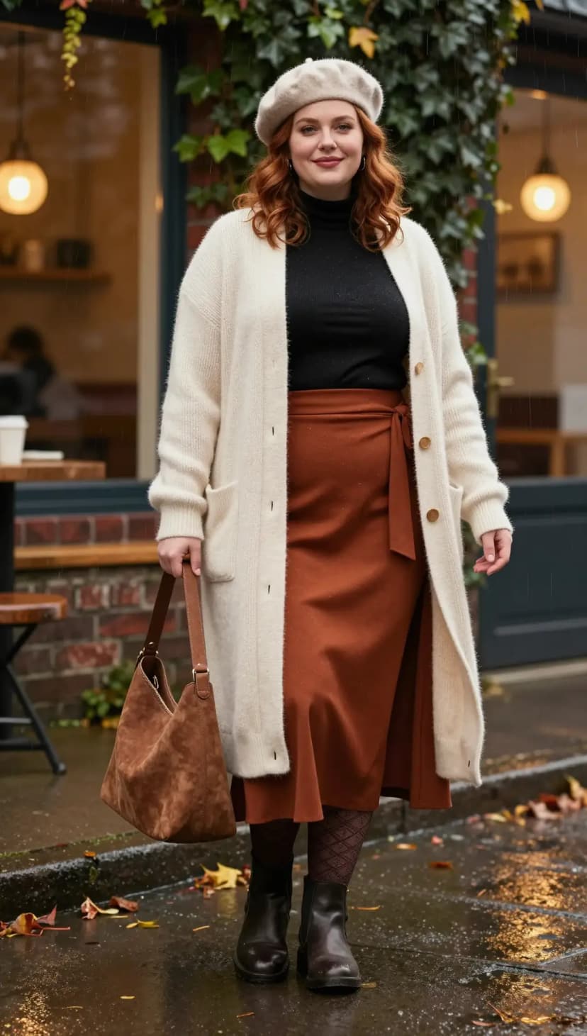 Black Ribbed Turtleneck Top + Rust Suede Wrap Midi Skirt + Cream Wool Long Cardigan