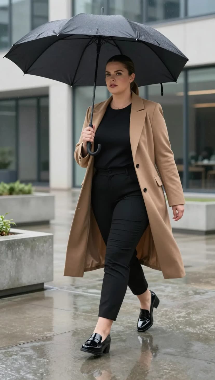 Black Crew Neck T-Shirt + Black Tailored Trousers + Camel Wool Coat