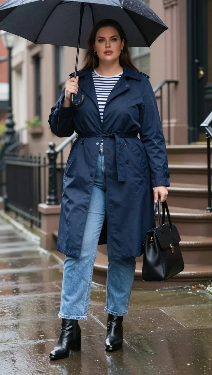 Navy Cotton Trench Coat + White Cotton Striped Long Sleeve Top + Light Wash Denim Jeans