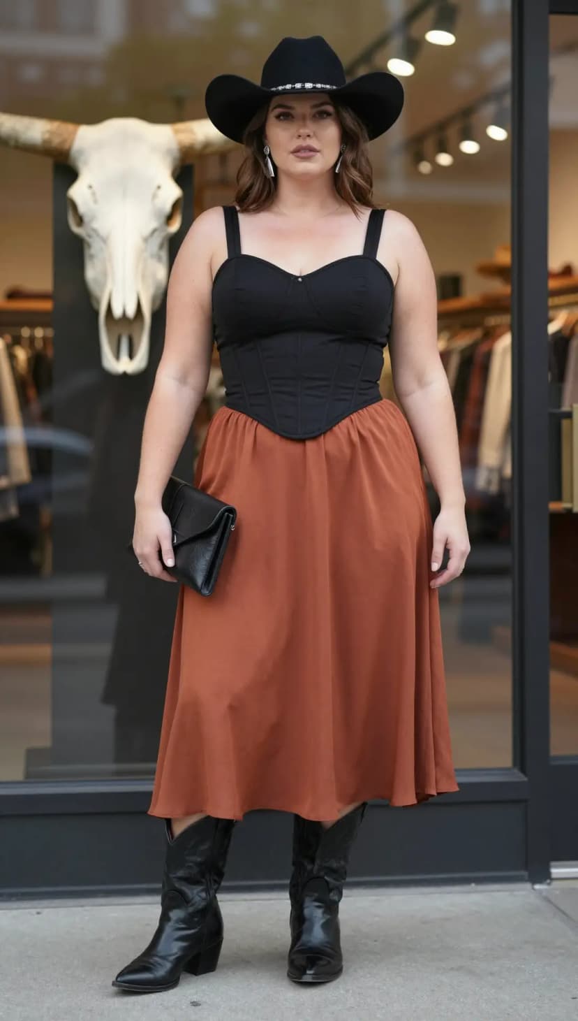 Black Corset Top + Burnt Orange Satin Midi Skirt + Black Leather Cowboy Boots
