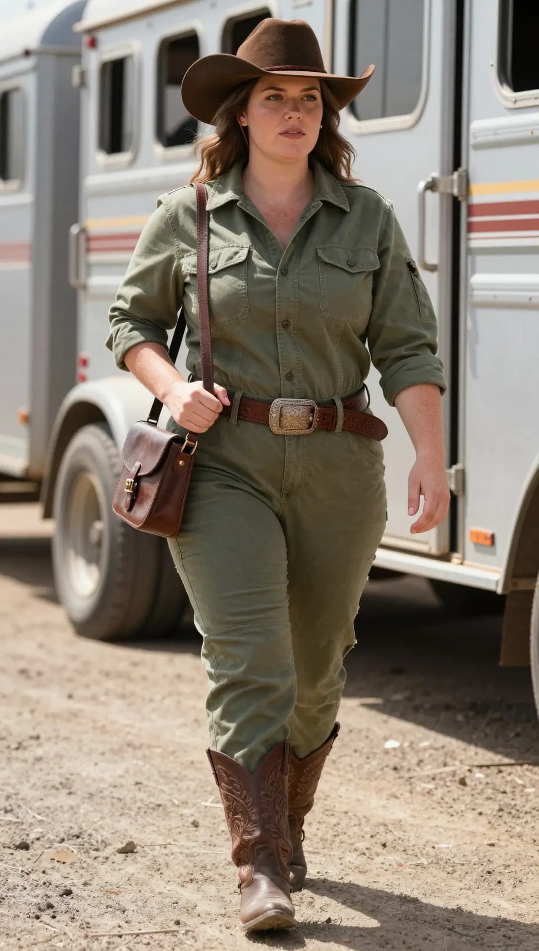 Olive Cotton Utility Jumpsuit + Brown Leather Belt + Brown Leather Satchel + Brown Suede Cowboy Boots