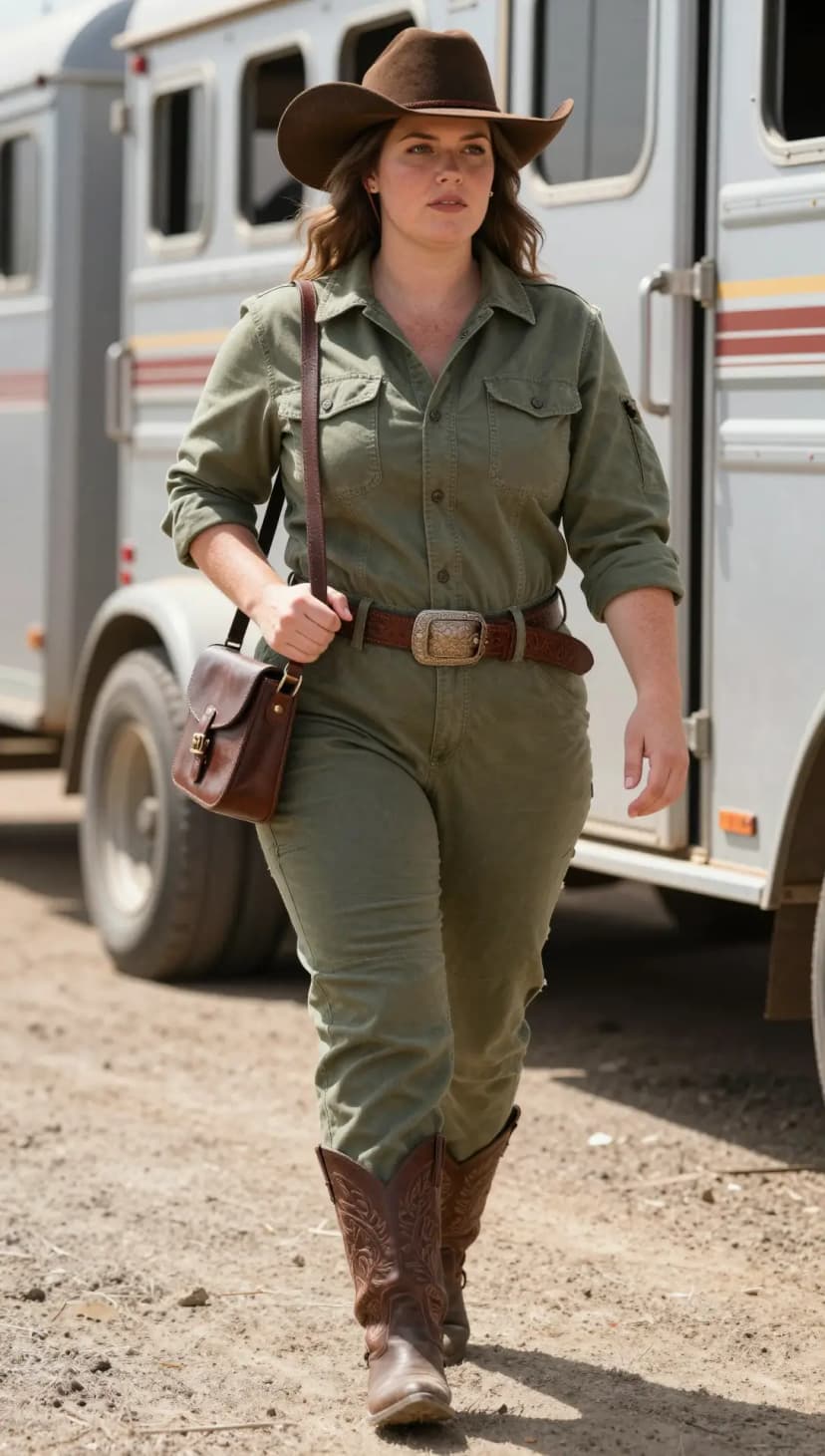 Olive Cotton Utility Jumpsuit + Brown Leather Belt + Brown Leather Satchel + Brown Suede Cowboy Boots