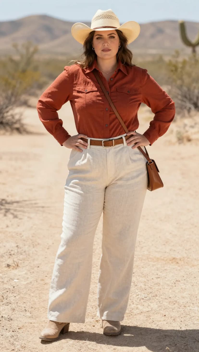 Rust Cotton Button-Up Shirt + Cream Linen Wide-Leg Trousers + Tan Suede Ankle Boots