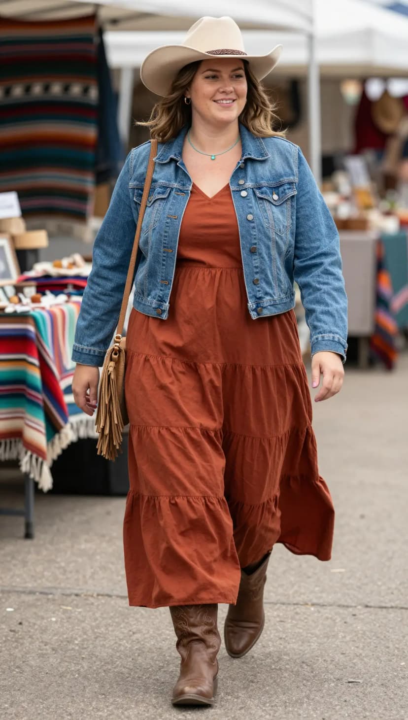 Blue Denim Cropped Jacket + Terracotta Tiered Maxi Dress + Brown Leather Cowboy Boots