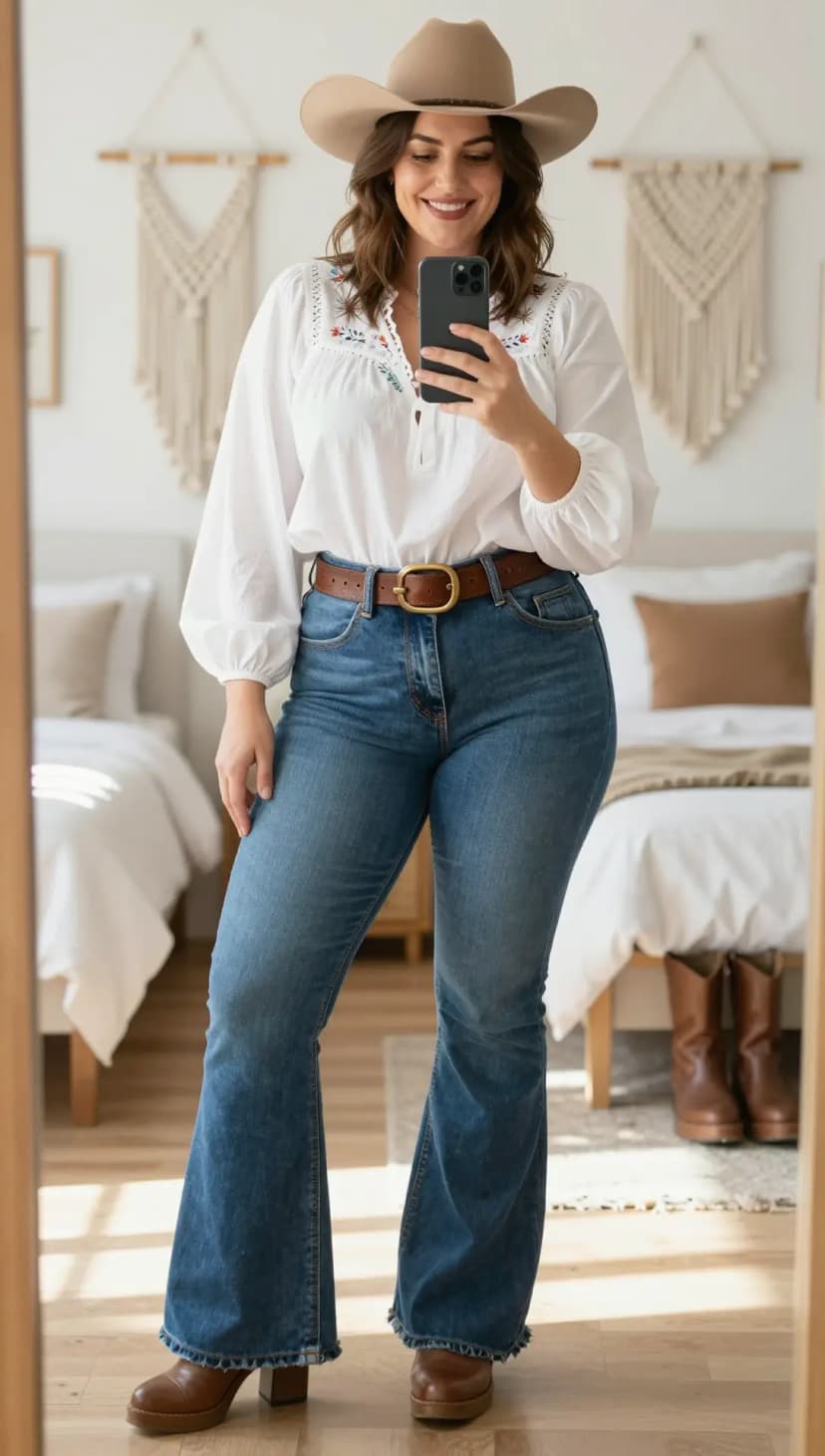 White Embroidered Cotton Blouse + Blue Denim Flare Jeans + Tan Leather Belt