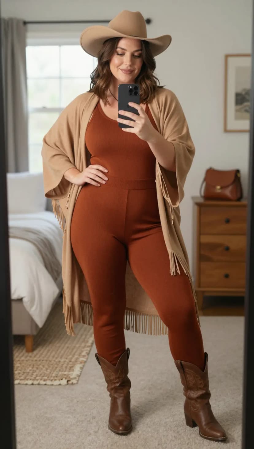 Rust Ribbed Knit Jumpsuit + Camel Fringe Knit Cardigan + Brown Leather Cowboy Boots