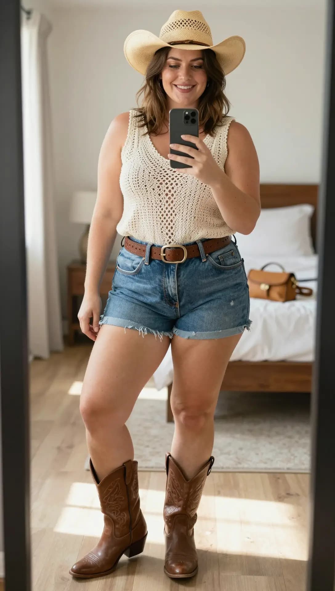 Cream Crochet Tank Top + Blue Denim Cutoff Shorts + Brown Leather Belt