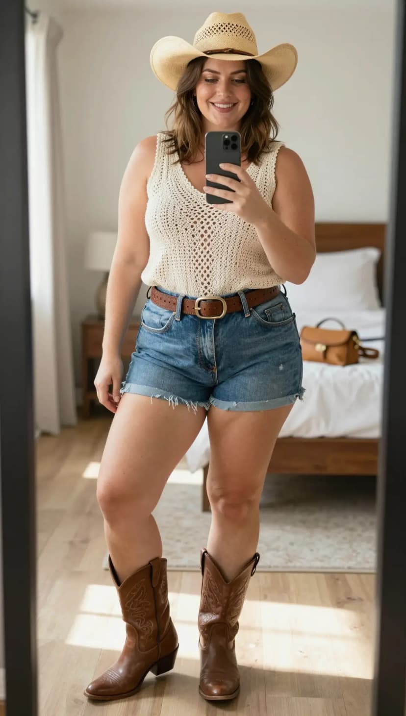 Cream Crochet Tank Top + Blue Denim Cutoff Shorts + Brown Leather Belt