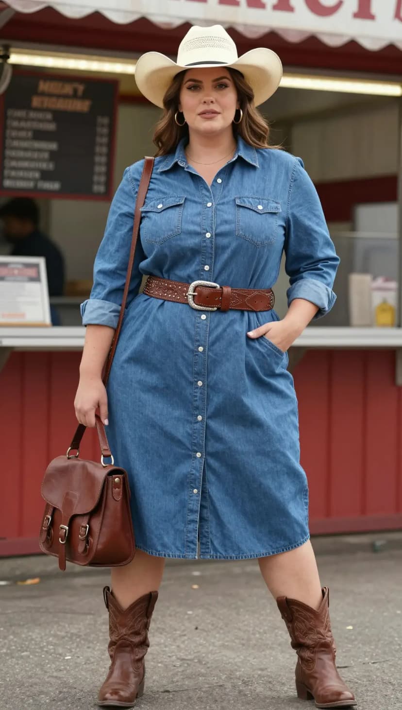 Blue Denim Shirt Dress + Brown Leather Belt + Brown Leather Boots