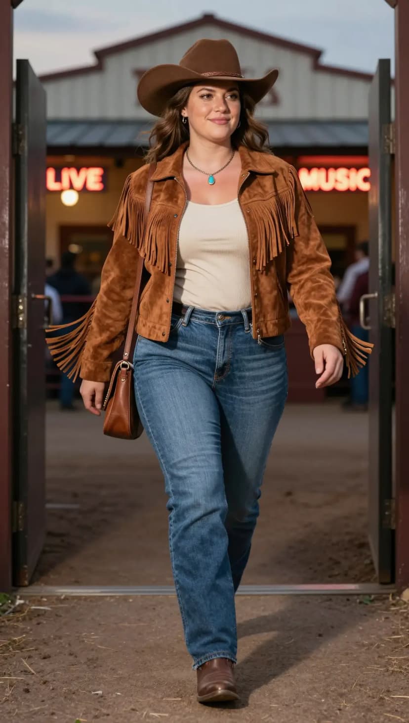 Tan Suede Fringe Jacket + Cream Ribbed Tank Top + Blue Denim Jeans