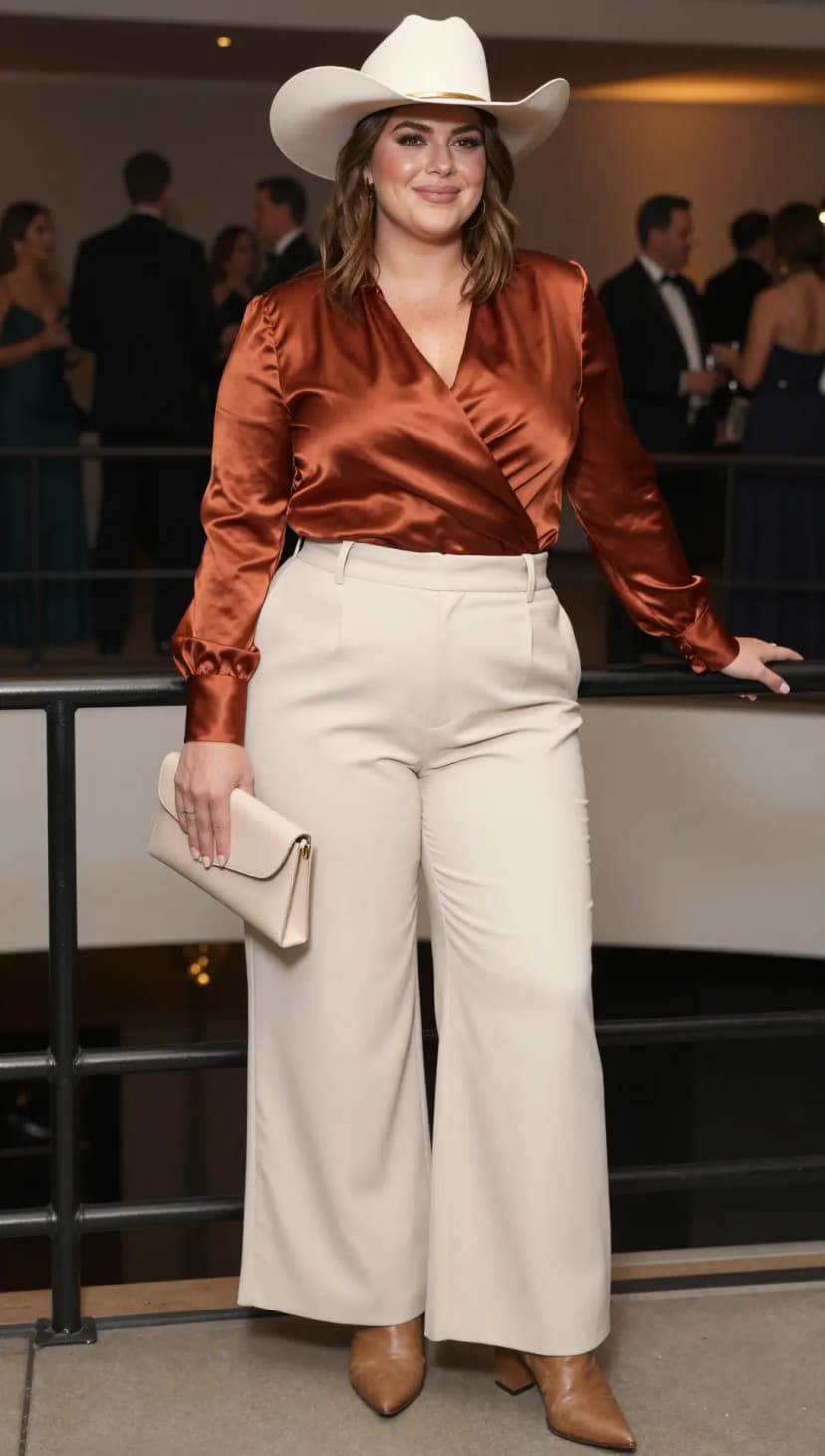 Copper Satin Wrap Top + Cream Wide-Leg Trousers + Tan Leather Ankle Boots