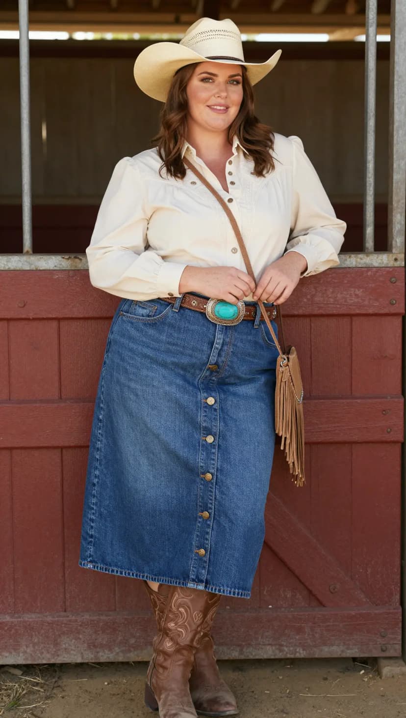 Cream Cotton Button-Up Shirt + Blue Denim Midi Skirt + Brown Leather Cowboy Boots