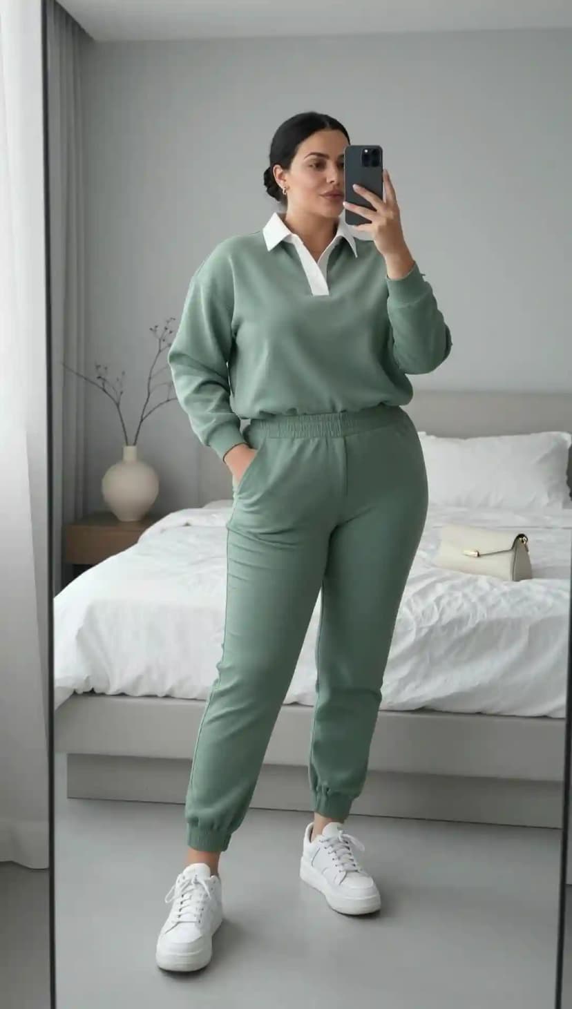 Sage Green Rugby Sweatshirt + Matching Sweatpants + White Sneakers