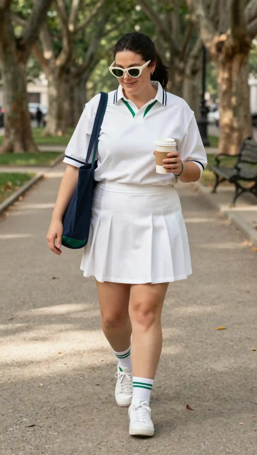 White Rugby Polo + White Pleated Tennis Skirt + White Sneakers