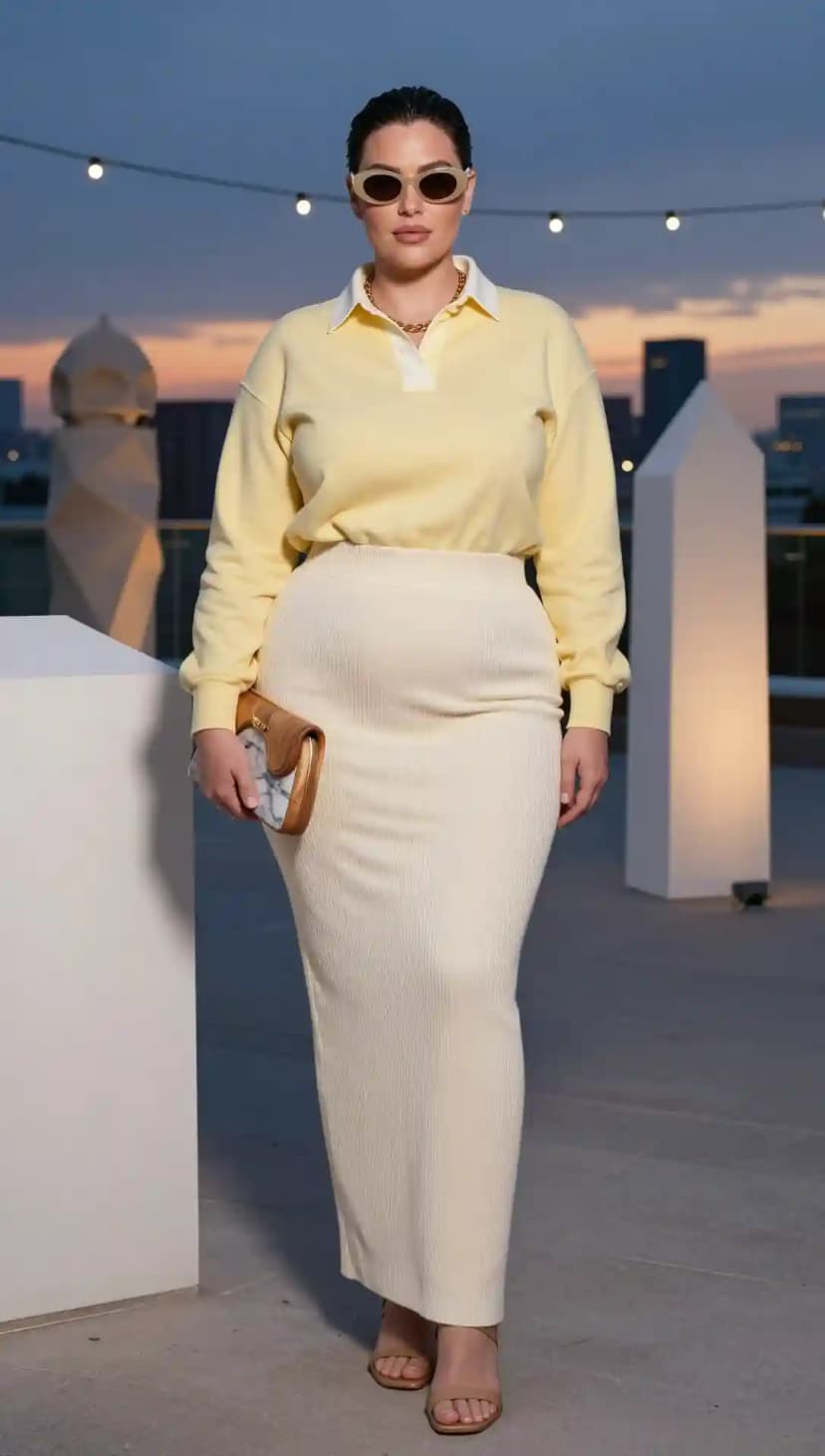 Pale Yellow Rugby Sweatshirt + Cream Ribbed Maxi Skirt + Nude Sandals
