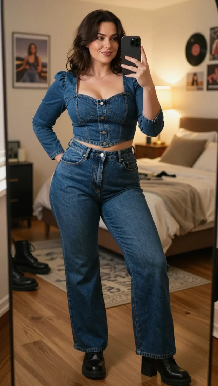 Blue Denim Corset Top + Blue Denim Wide-Leg Jeans