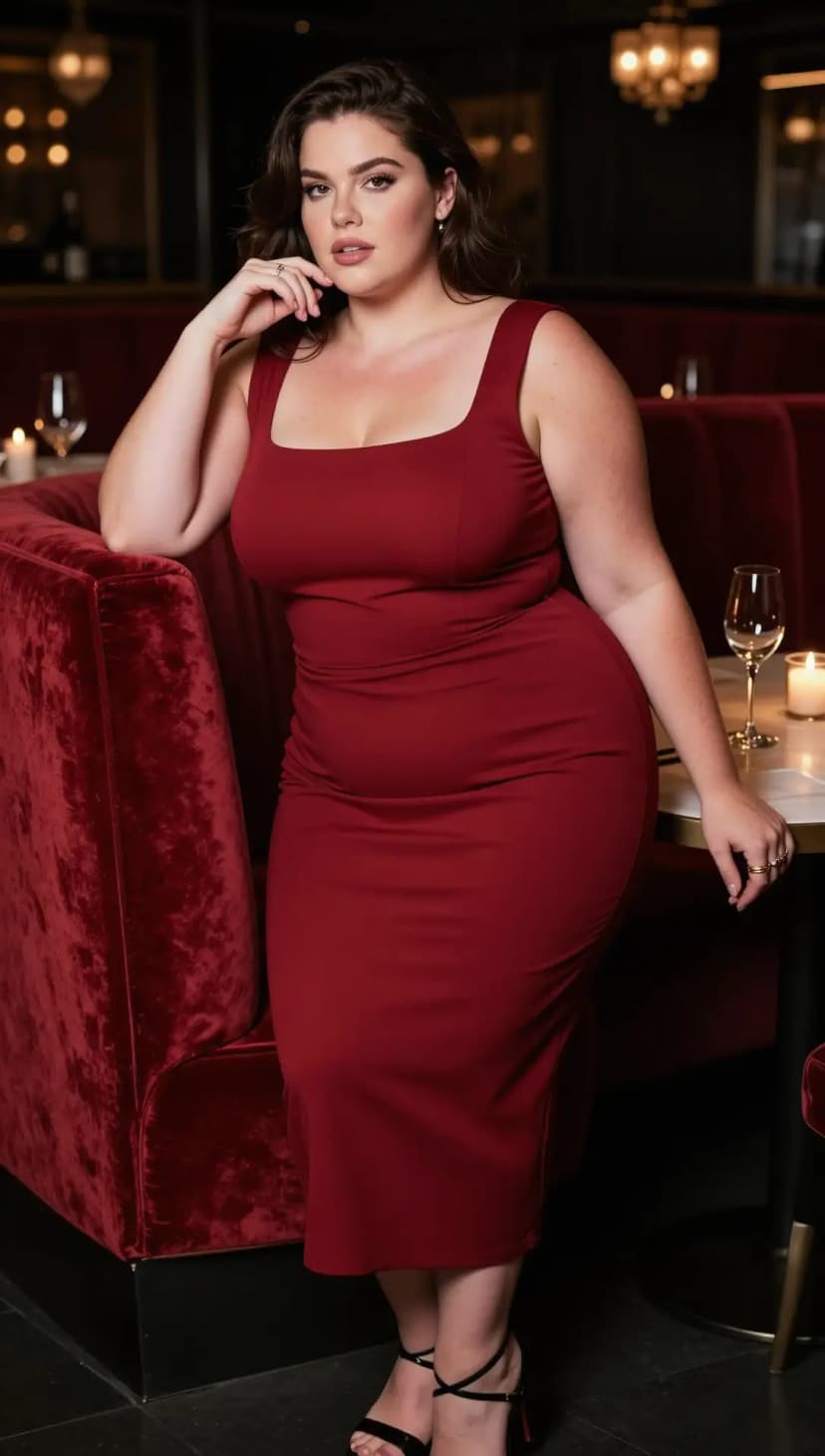 Red Square Neck Midi Dress + Black Strappy Heels