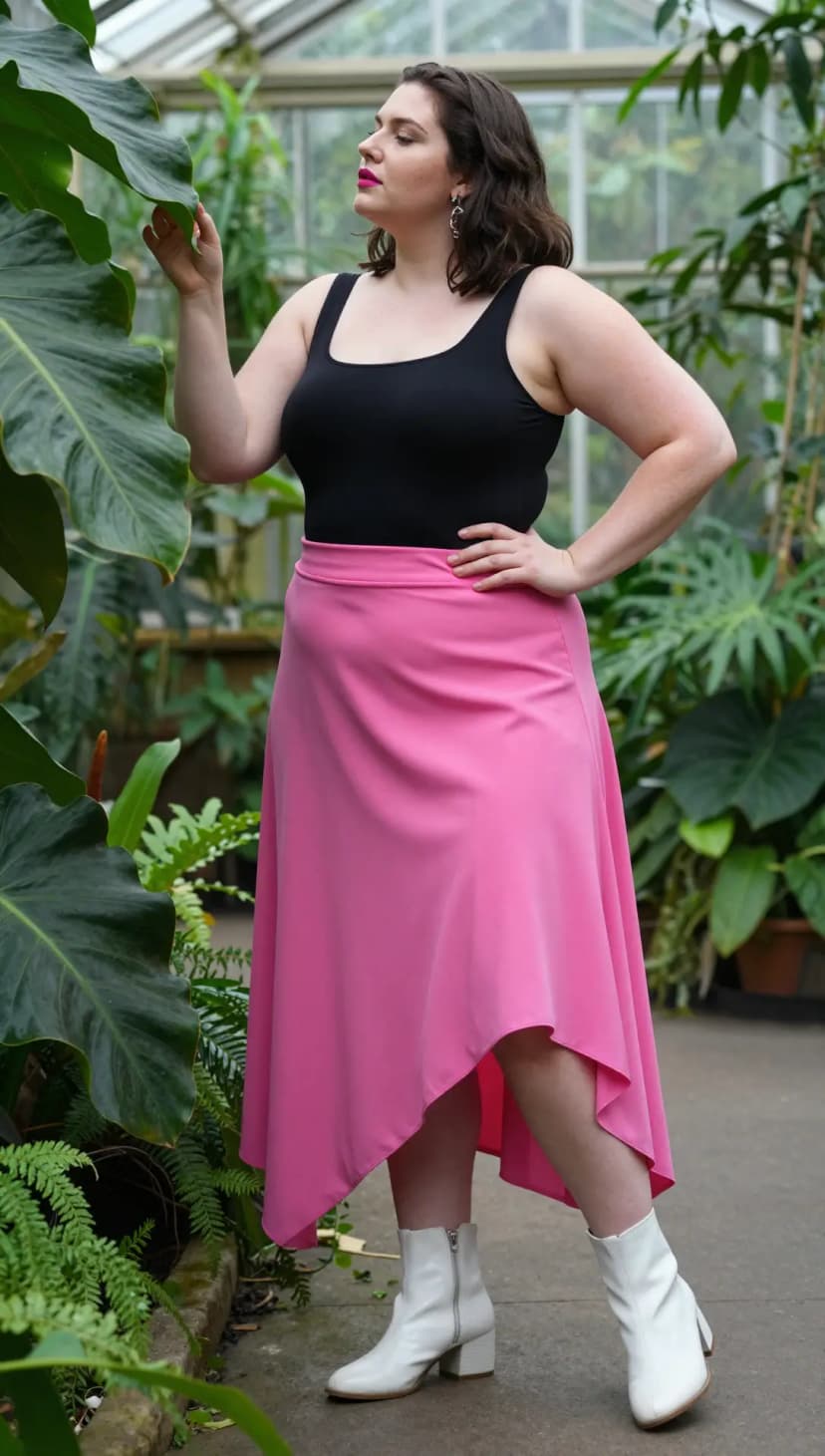 Black Tank Top + Pink Asymmetrical Midi Skirt + White Leather Ankle Boots