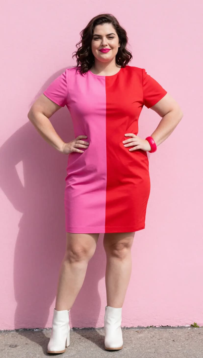 Pink Cotton T-Shirt Dress + Red Cotton T-Shirt Dress + White Leather Ankle Boots