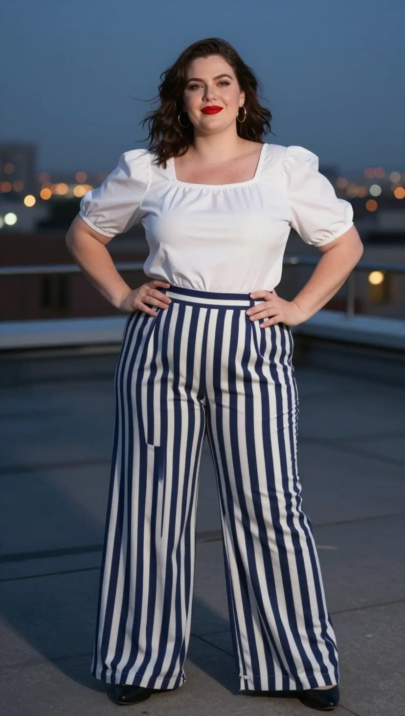 White Puff Sleeve Top + Navy and White Stripe Wide Leg Pants
